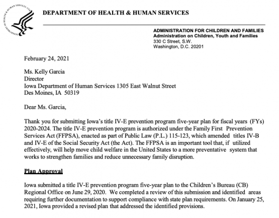 image shows text that reads: Iowa's Five-Year Title IV-E Prevention Program Plan